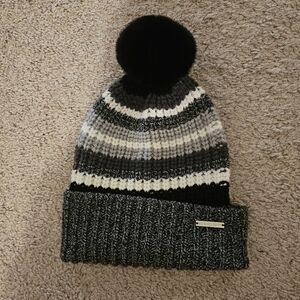 Michael Kors Shaker Stripe Faux Fur Pompom Woman’s Beanie - Black, Grey, White